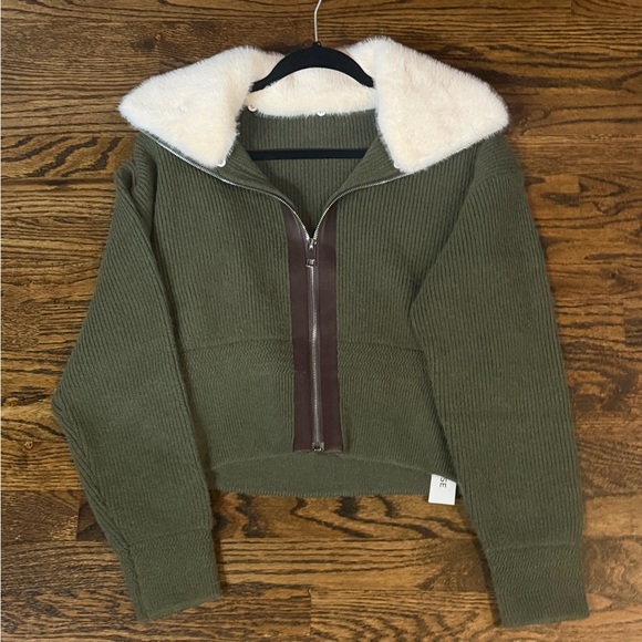 Commense Olive Bomber Jacket with Cream Collar - Picture 2 of 5